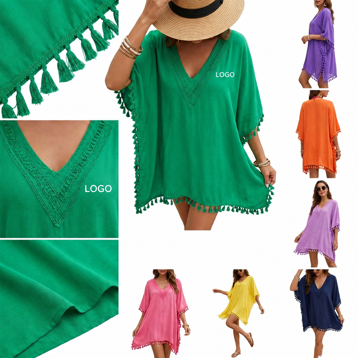 Women's Tassel Trim V-Neck Chiffon Beach Cover-Up