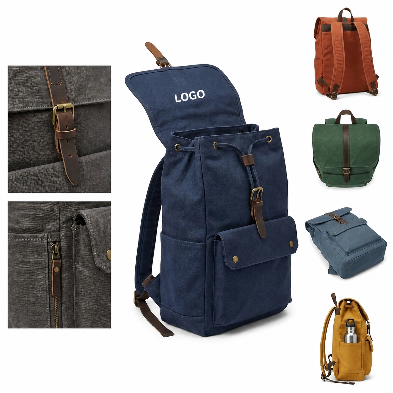 Rugged Canvas Multi-Pocket Laptop Rucksack with Buckle Straps