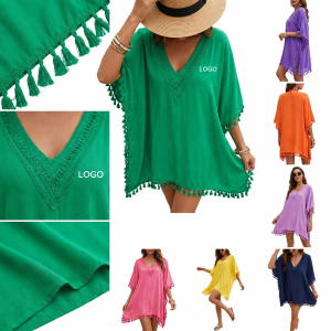 Women's Tassel Trim V-Neck Chiffon Beach Cover-Up