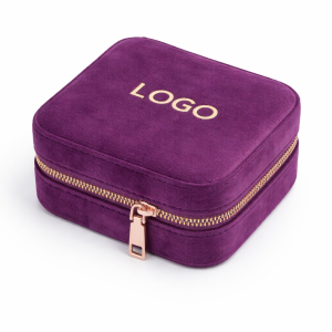 Velvet Square Travel Jewelry Case with Zip Closure and Interior Compartments
